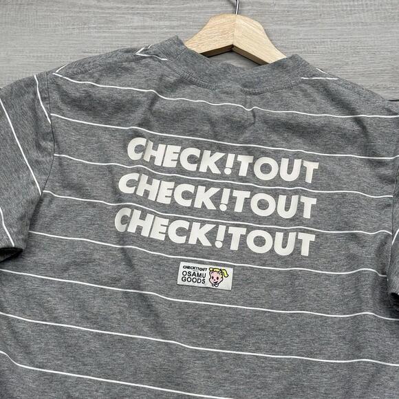 Osamu Goods Striped Cat Graphic Tee Gray White Size S Japanese Streetwear - Picture 6 of 9